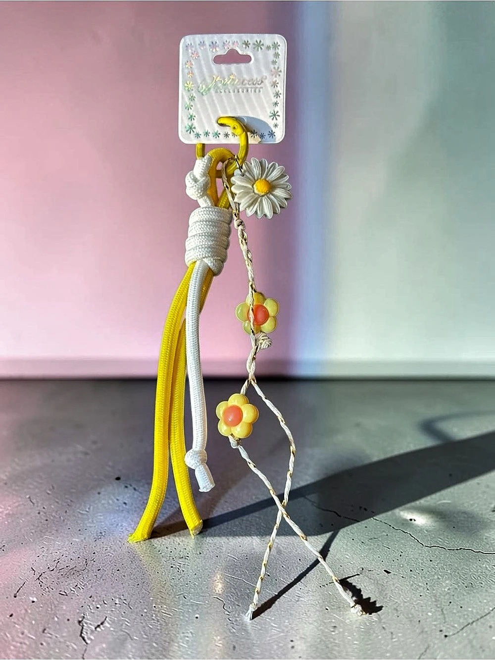Floral Cord Keychain in Yellow & White NWT
